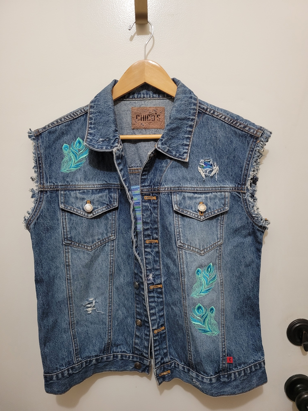 Chico's Blue Denim Vest with Teal Embroidered Feathers & Peacock